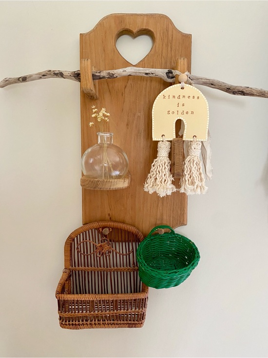 Other - Rustic Natural Wood Wall Hook Rack w/ Heart Cutout (Basket & Vase Included)